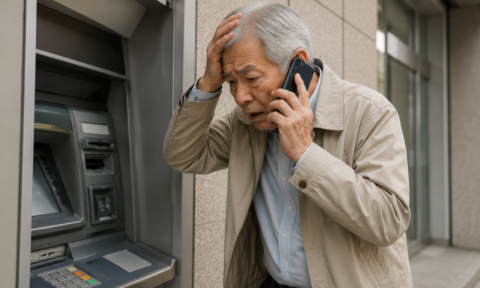 ATM前で特殊詐欺による指示を受け困惑している高齢者のイメージ画像