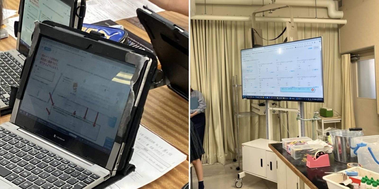 授業で使われている学習用端末の画面と、教室内の大型モニターに表示された学習支援システムの画面。