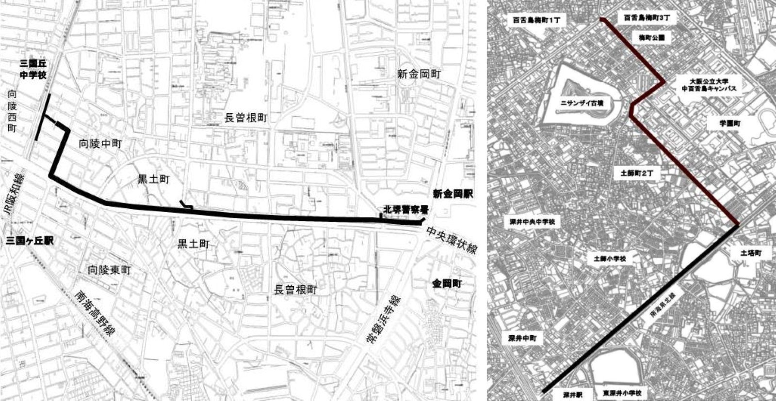 百舌鳥梅町3丁から深井駅付近までの水道基幹管路更新区間を示した地図と三国丘中学校から北堺警察署付近までの水道基幹管路更新区間を示した地図