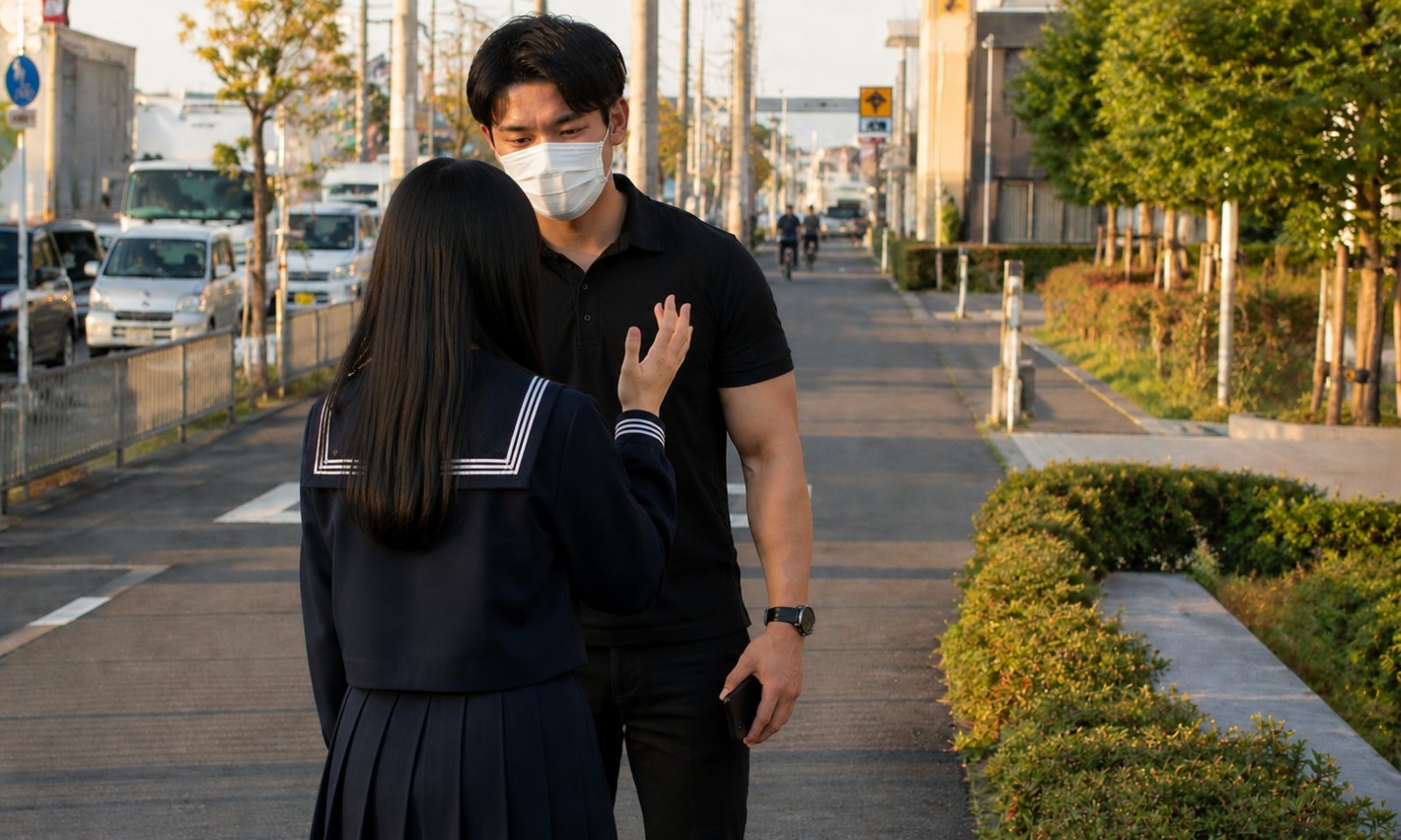 「10〜15分くらいで終わるバイト」といった趣旨の声かけをする不審者のイメージ画像