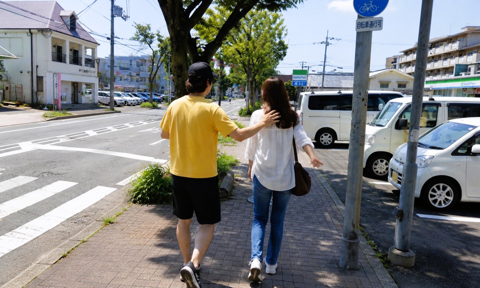 通行中の女性が男に肩をたたかれ、しつこくつきまとわれるイメージ画像