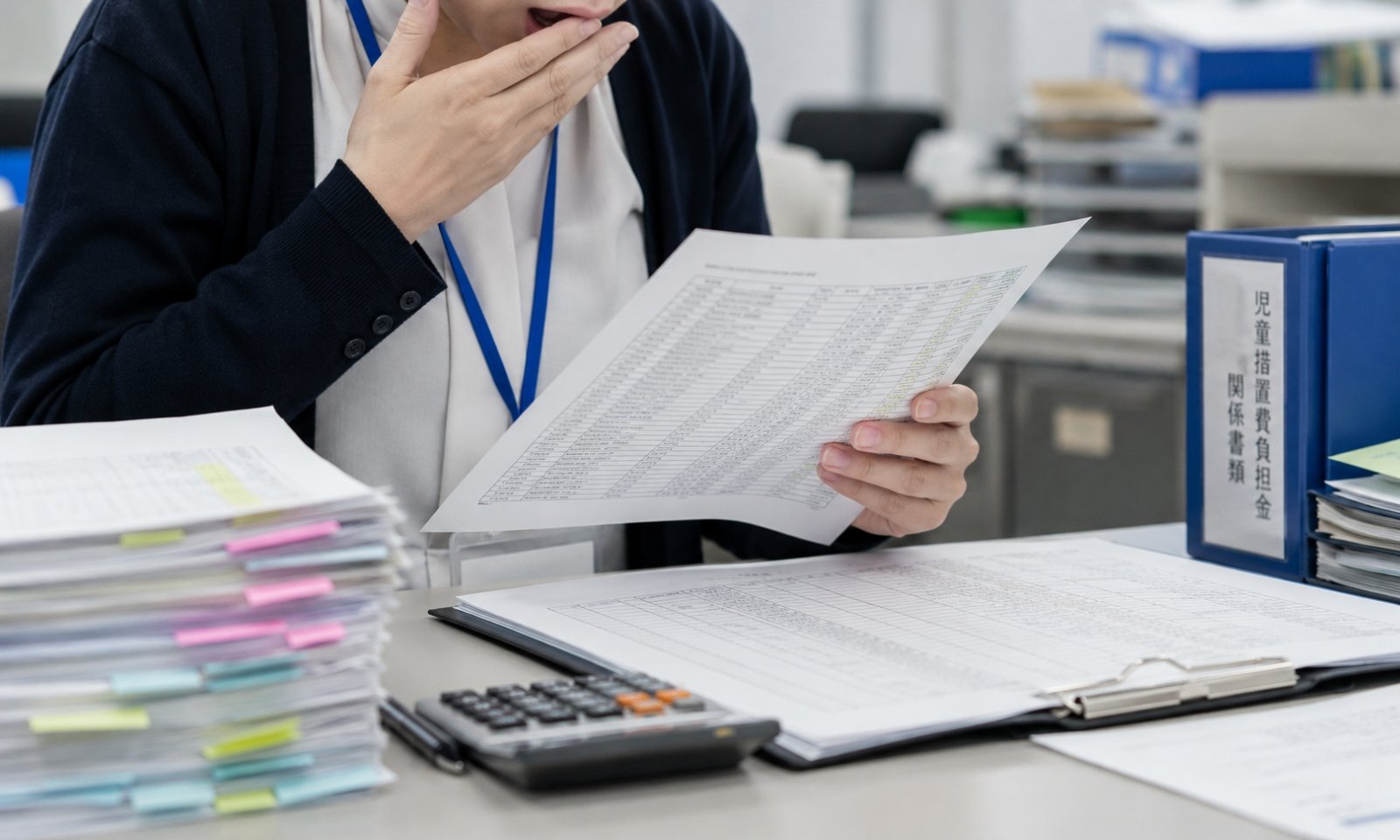 児童措置費負担金の一覧表を確認し、事務処理の誤りに気づいて焦る職員を表現したイメージ画像