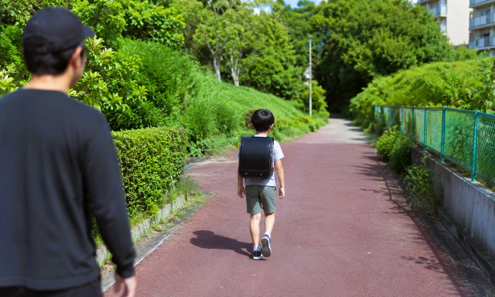 小学生男児の後ろを歩く不審者のイメージ画像