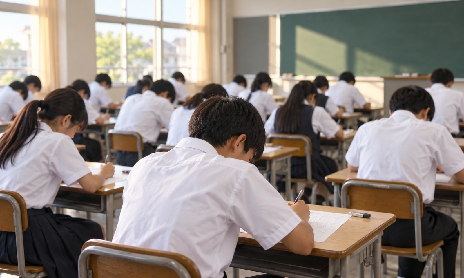 中学3年生が教室でテスト問題に取り組んでいる様子のイメージ画像