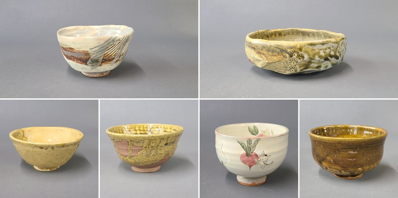 さまざまな形や色、絵柄で作られた堺焼の茶碗6点