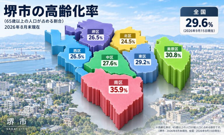 堺市南区の高齢化率35.9％　北区24.5％　市内差明確　全国29.6％