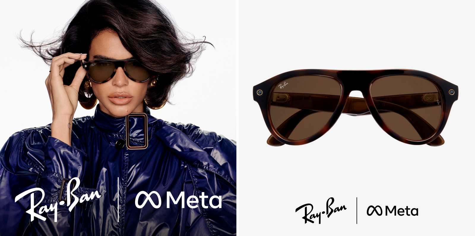 Ray-Ban Metaのサングラスを着用する女性モデルとブラウン系フレームの製品画像
