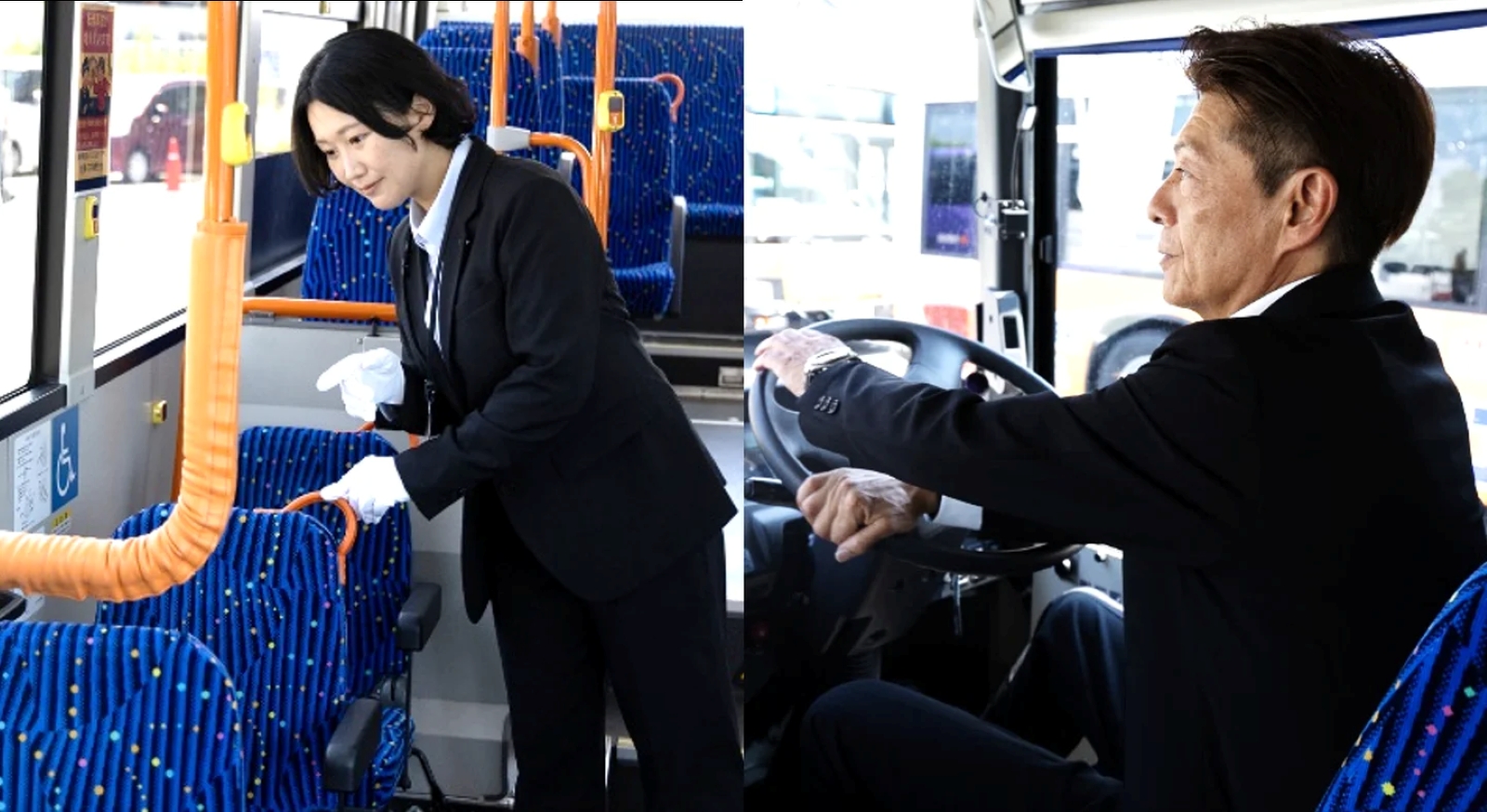南海バスの新制服を着用した乗務員による車内点検（左）と運転席での乗務の様子（右）