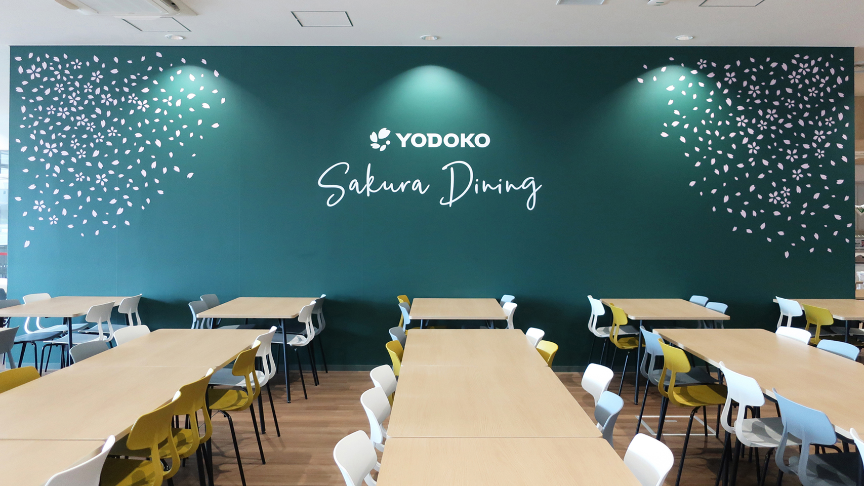 大阪公立大学森之宮キャンパスの食堂。桜の模様をあしらった緑色の壁に「YODOKO Sakura Dining」の文字